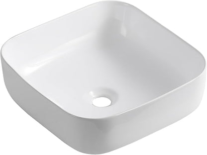 KINGWONG 15" Ceramic Vessel Sink, White Square Bathroom Sink Above Counter | Easy-Clean Porcelain Vanity Sink with Rounded Corner & No Overflow, Compact 15.15" Design for RV, Powder Room, Small Space