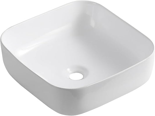 KINGWONG 15" Ceramic Vessel Sink, White Square Bathroom Sink Above Counter | Easy-Clean Porcelain Vanity Sink with Rounded Corner & No Overflow, Compact 15.15" Design for RV, Powder Room, Small Space