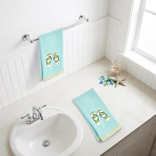 Ritz 2-Piece Cotton Velour Bathroom Hand Towel Set, Embroidered Striped Flip Flops Design, Soft Aqua Coastal Towels for Beach House, Pool, or Spa Decor, 16” x 26”