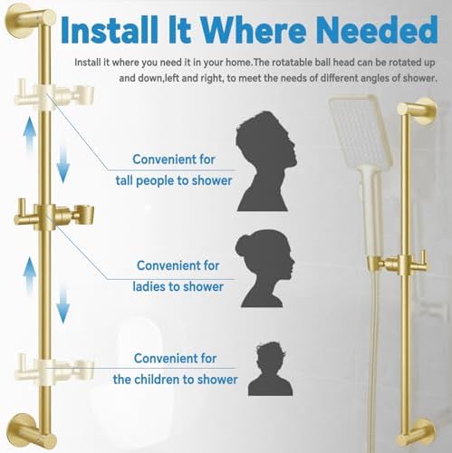 Shower Slide Bar Adjustable Handheld Shower Head Holder Wall Mount - 30inch All-Metal Shower Head Slide Bar Compatible with Bathroom Drill Free Glue Installation - Brushed Gold