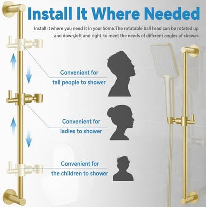 Shower Slide Bar Adjustable Handheld Shower Head Holder Wall Mount - 30inch All-Metal Shower Head Slide Bar Compatible with Bathroom Drill Free Glue Installation - Brushed Gold