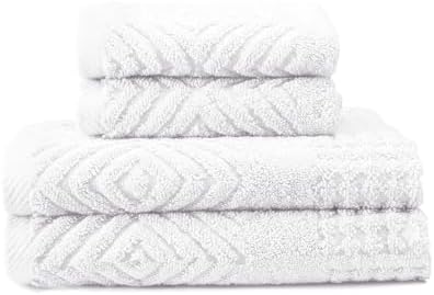 Texere 100% Organic Cotton Diamond Jacquard 700 GSM Luxury Bath Towel Sets - Ultra Soft and Absorbent Hotel and Spa Quality (Diamond, Bright White, 2 Hand & 2 Wash Towels)
