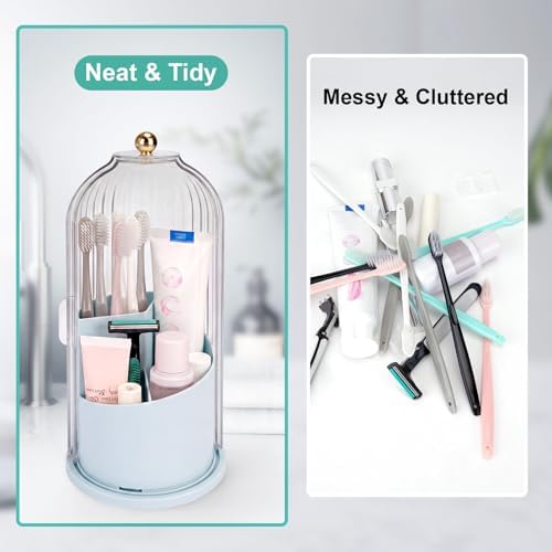 QIYVLOS Toothbrush Holders with Sliding Lid, Rotating 3 Slots Bathroom Organizer Countertop, Tooth Brush Toothpaste Holder Bathroom Counter Stand Sink Organizer Caddy for Makeup Brushes Holder (Blue)