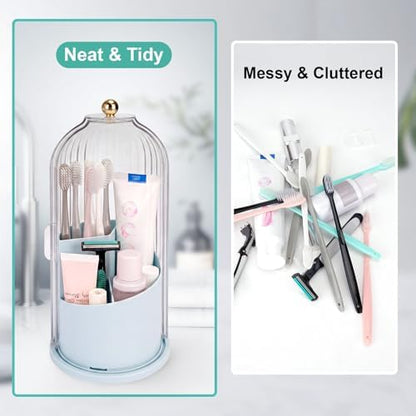 QIYVLOS Toothbrush Holders with Sliding Lid, Rotating 3 Slots Bathroom Organizer Countertop, Tooth Brush Toothpaste Holder Bathroom Counter Stand Sink Organizer Caddy for Makeup Brushes Holder (Blue)