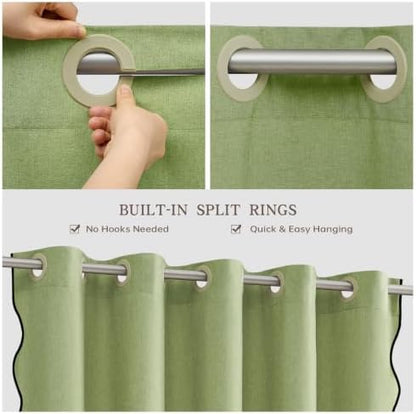 Furlinic Scalloped Linen Shower Curtain No Hook Sage Green Extra Long 72x84
