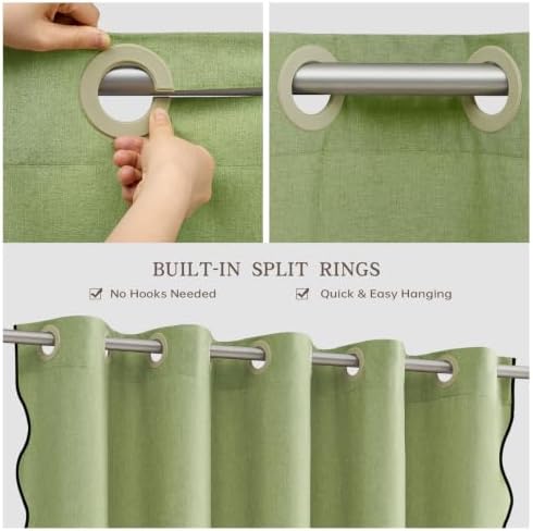 Furlinic Scalloped Linen No Hook Shower Curtain Sage Green Waterproof 72x75
