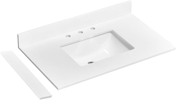 36" x 22" Vanity Top, Quartz Vanity Sink Top in Pure White, with One Sidesplash & One Backsplash, with Undermounted Sink,8 Inch Faucet Hole Spread for Vanity Top with Sink