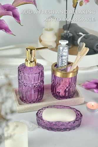 LaMrriti Purple Bathroom Accessories Set 5 Pcs, Glass Bathroom Set