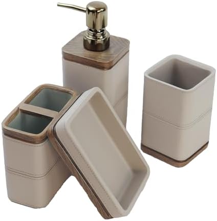 Hymmah Leather Pattern Design Bathroom Accessories Set,Farmhouse Bathroom Decor,4 Pcs Resin Gift Set Apartment Necessities, Contain Cotton Swab Jar,Soap Dispenser,Tumbler，Soap Dish/Tray