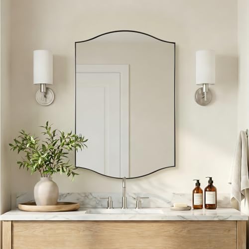 ANDY STAR Brushed Nickel Mirror, 24"x36" Silver Scalloped Wall Mirror for Bathroom, Curved Edge Design with SUS304 Stainless Steel Metal Frame, Ideal for Bathroom, Bedroom, Entryway