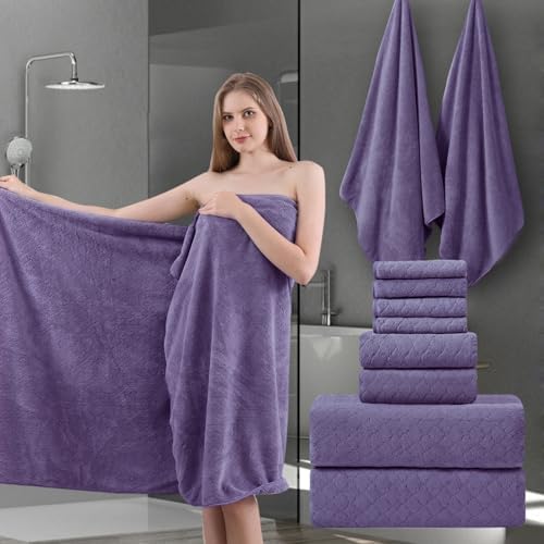 8-Piece Bath Towels Set,2 Oversized Large Bath Towel Sheet,2 Hand Towels and 4 Washcloths - 600 GSM Soft Microfiber Highly Absorbent Quick Dry Shower Towel Collection for Bathroom Hotel and Spa,Purple