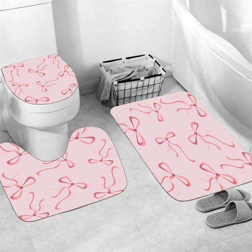 AZHM 4pcs Pink Bow Bathroom Shower Curtain Set with Rugs and Accessories