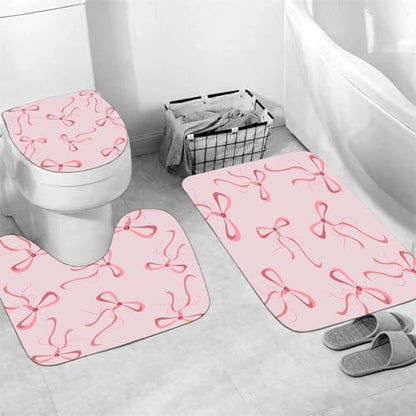 AZHM 4pcs Pink Bow Bathroom Shower Curtain Set with Rugs and Accessories