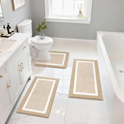 Pauwer 3 Piece Bathroom Rug Set, Non Slip Washable Bath Mat, Beige