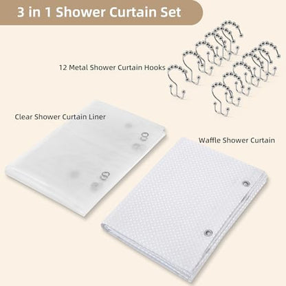 White Shower Curtain and Liner, 3 in 1 Waffle Shower Curtain Set with 12 Double Sided Shower Curtain Hooks, Fabric Shower Curtains for Bathroom 72 x 72