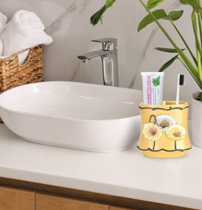 Zahari Home 4pc Poppy Fields Yellow Bathroom Accessories Set Hand Soap Dispenser, Tumbler, Tooth Brush Holder and Soap Dish Modern Contemporary Decor Complete Bathroom Sets with Shower Curtains