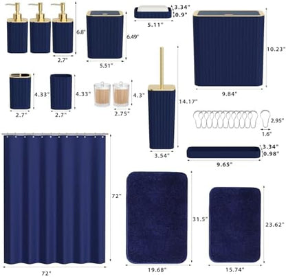 Bathroom Accessory Set - Bathroom Set, 12PC Bathroom Accessories Set, Navy Blue Bathroom Accessories Set, Mini Trash Can, Toilet Brush, Trash Can & Soap Dispenser