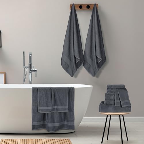 GLAMBURG Ultra Soft 24-Piece Towel Set - 100% Pure Ringspun Cotton, Contains 8 Oversized Bath Towels 27x54, 8 Hand Towels 16x28, 8 Wash Cloths 13x13- Ideal for Everyday use, Hotel & Spa- Charcoal Grey