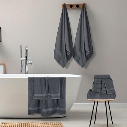 GLAMBURG Ultra Soft 24-Piece Towel Set - 100% Pure Ringspun Cotton, Contains 8 Oversized Bath Towels 27x54, 8 Hand Towels 16x28, 8 Wash Cloths 13x13- Ideal for Everyday use, Hotel & Spa- Charcoal Grey