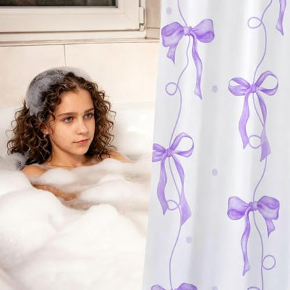 Purple Bow Shower Curtain for Bathroom Decor, Teen Girls Theme, 72x72In