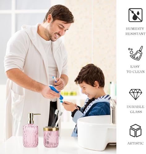 RRM Glass Bathroom Toothbrush Holder and Soap Dispenser Set, Pink