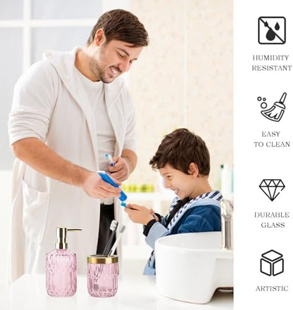 RRM Glass Bathroom Toothbrush Holder and Soap Dispenser Set, Pink
