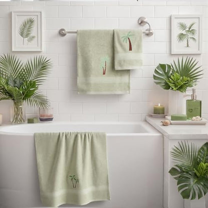 3 Pcs Summer Palm Tree Bathroom Towel Set Farmhouse Embroidered Palm Tree Towels Vintage Decorative 100% Cotton Bath Towel Highly Absorbent Elegant Summer Decor Set for Bathroom