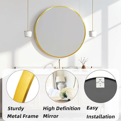 Gold Circle Mirror 22 inch, Round Mirror, Brushed Gold Metal Frame