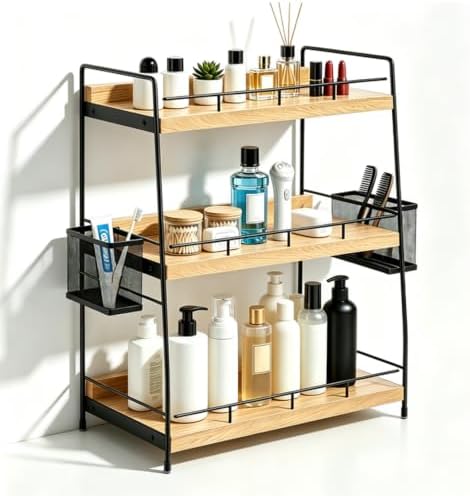 Wood 3 Tier Bathroom Counter Organizer with Side Baskets Fits Tall Bottles