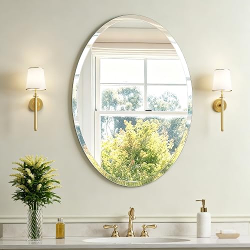 20 x 28 Inch Oval Frameless Bathroom Mirror, Beveled Polished Wall Mirror, Modern Decorative Mirror for Bathroom Vanity Bedroom Entryway
