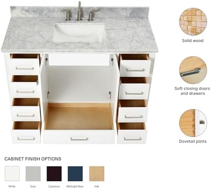 ARIEL Cambridge 48-inch Bathroom Vanity with Sink,Solid Wood, 0.75-inch Italian Carrara Marble Countertop, Single Rectangular Porcelain Sink, 2 Soft Closing Doors, 9 Dovetail Drawers, White