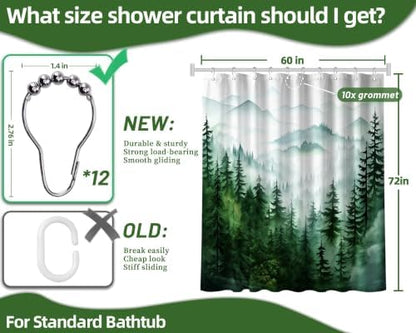Dark Green and White Forest Shower Curtain, 60X72 in, Nature Pine Tree