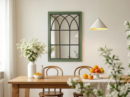 Retro Green Window Mirror for Wall Decor, Wood Frame Decorative Wall Mirror