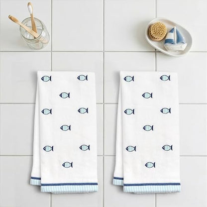 Ritz 2-Piece Cotton Velour Bathroom Hand Towel Set, Embroidered Allover Fish Design, White & Blue Nautical Decorative Towels for Lake House, Beach, Coastal Decor, 16” x 26”