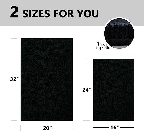 Bathroom Rugs Sets 2 Piece, Extra Soft Chenille Bath Mat Ultra Absorbent Bathroom Rug, Bathroom Mat with Sturdy PVC Non-Slip Bottom, Machine Washable Bath Rugs (20x32 Inch + 16x24 Inch, Black)