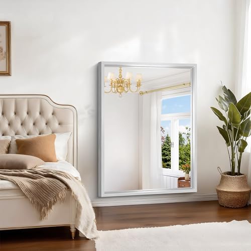 48 x 36 inch Brushed Silver Bathroom Mirror, Metal Framed Large Rectangle Mirror, 0.6" Thickened Deep Frame Mirrors for Living Room Bedroom, Tempered Glass, Antirust, Horizontal or Vertical