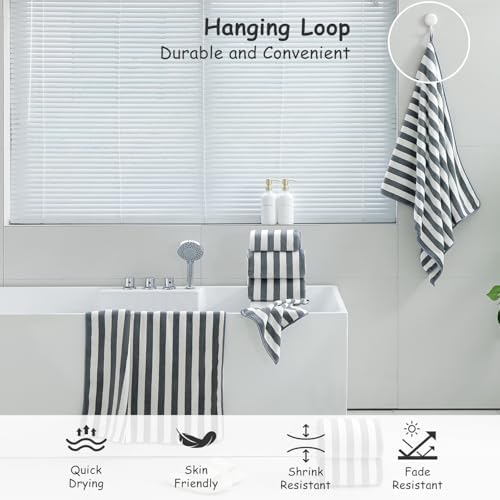 18 Pcs Gray Stripe Bath Towel Set with Hanging Loop-6 Bath Towels,6 Hand Towels,6 Washcloths Soft Family Towels Set Bathroom Towel Highly Absorbent Quick Dry Shower Towel for Beach Chair Spa Gym Hotel