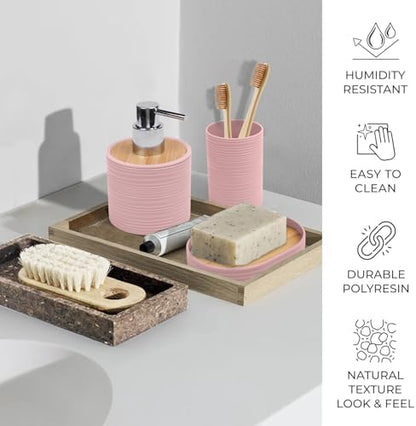 CERBIOR Bamboo Bathroom Accessories Set 6 Piece Spiral Bath Ensemble（Pink）