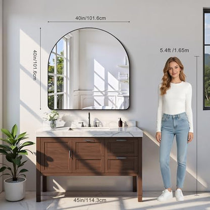 Arched Bathroom Mirror, 40"x40" Black Arched Mirror for Bathroom, Wall Mounted Mirror, Black Vanity Wall Mirror w/Metal Frame for Bedroom, Entryway, Living Room, Hanging or Leaning Against Wall