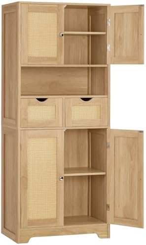 Iwell Tall Storage Cabinet with 2 Drawers & Adjustable Shelves, Rattan Cabinet, Kitchen Storage Cabinet, Pantry Cabinet with 4 Doors, Tall Cabinet for Living Room, Kitchen, Home Office, Natural