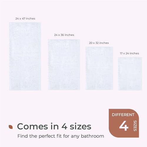 FRESHMINT Chenille Bathroom Rugs Mat 32”x20”, Non-Slip Bath Mat for Bathroom Floor & Bathtub, Washable Soft Shower Shag Bath Rugs, Durable Fluffy Thick Water Absorbent Microfiber Shower Mat, White