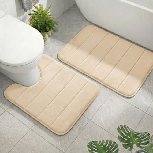 2 Piece Memory Foam Bath Mat Set, Extra Soft Absorbent Bathroom Rugs with U-Shaped Toilet Rug, Non-Slip Backing, Machine Washable, 24x16 + 20x20 U-Shaped, Camel
