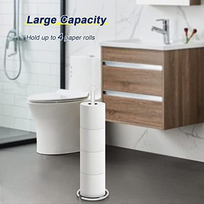 NearMoon Bath Toilet Paper Holder Stand, Freestanding Tissue Paper Storage with Reserve, Space Toilet 4 Rolls Holder for Bathroom/Kitchen Countertop-All Metal (1 Pack, White)