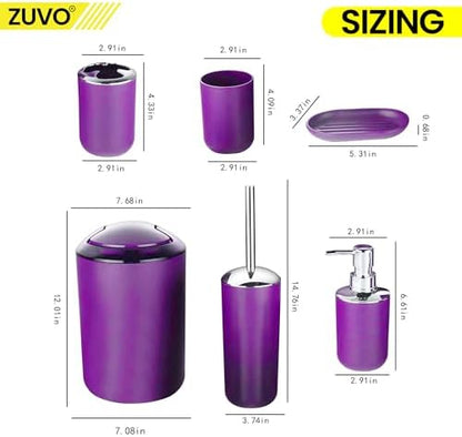 Bathroom Accessories Set 6 Piece -(Trashcan, Soap Dispenser, Toothbrush Holder, Soap Dish,Toilet Brush) for Decorative Countertop and Housewarming Gift (Purple)