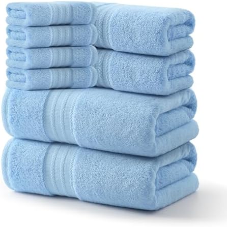 REDKISS 8 Piece Blue Towels Set - 100% Cotton Towels Set with 2 Large Bath Towels, 2 Hand, 4 Washcloths, 600 GSM Highly Absorbent Bath Towel Sets, Blue Quick Dry Shower Towel for Family Dorm Gym