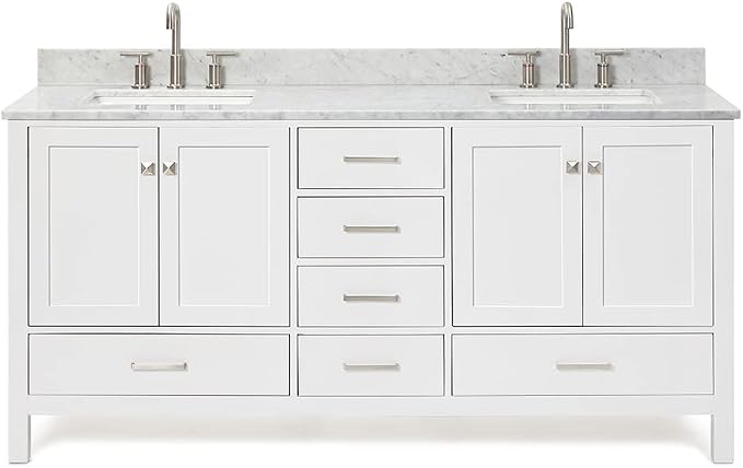 ARIEL Cambridge 72-inch Bathroom Vanity with Sink,Solid Wood, 0.75-inch Italian Carrara Marble Countertop, Double Rectangular Porcelain Sink, 4 Soft Closing Doors, 6 Dovetail Drawers, White