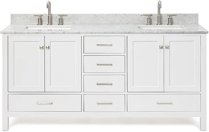 ARIEL Cambridge 72-inch Bathroom Vanity with Sink,Solid Wood, 0.75-inch Italian Carrara Marble Countertop, Double Rectangular Porcelain Sink, 4 Soft Closing Doors, 6 Dovetail Drawers, White