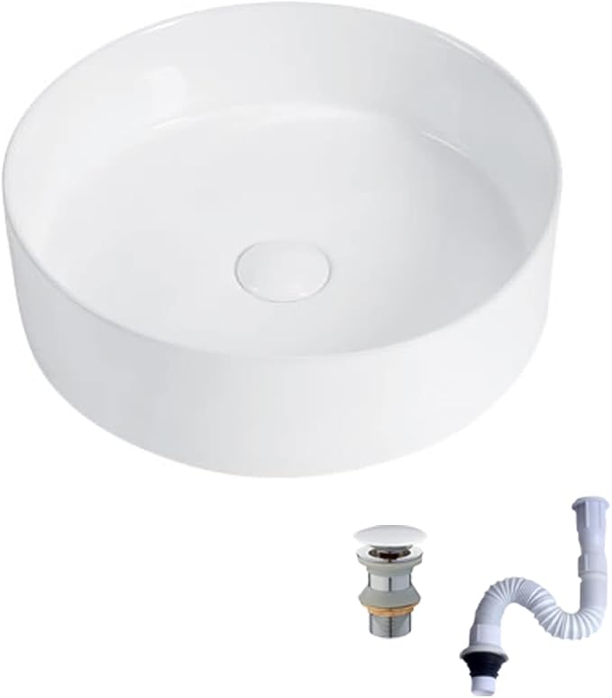 KINGWONG 14 Inch Small Vessel Sink for Bathroom - Round Countertop Modern Above Counter White Ceramic Porcelain Vanity Sink Basin for Cabinet 14 x 14
