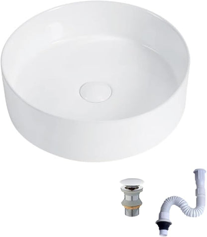KINGWONG 14 Inch Small Vessel Sink for Bathroom - Round Countertop Modern Above Counter White Ceramic Porcelain Vanity Sink Basin for Cabinet 14 x 14