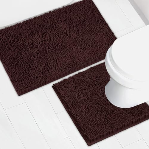 Bathroom Rugs Chenille Bath mat 2 Piece Set, Super Absorbent, Strong PVC Non Slip Backing, Bath mats for Bathroom, Plush Shaggy, Thick, Machine Washable, Bathtub, Shower, Toilet.(Brown)